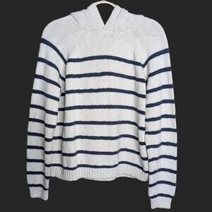 Peruvian Connection Hooded Sweater Large Navy Blue Striped Knit Nautical